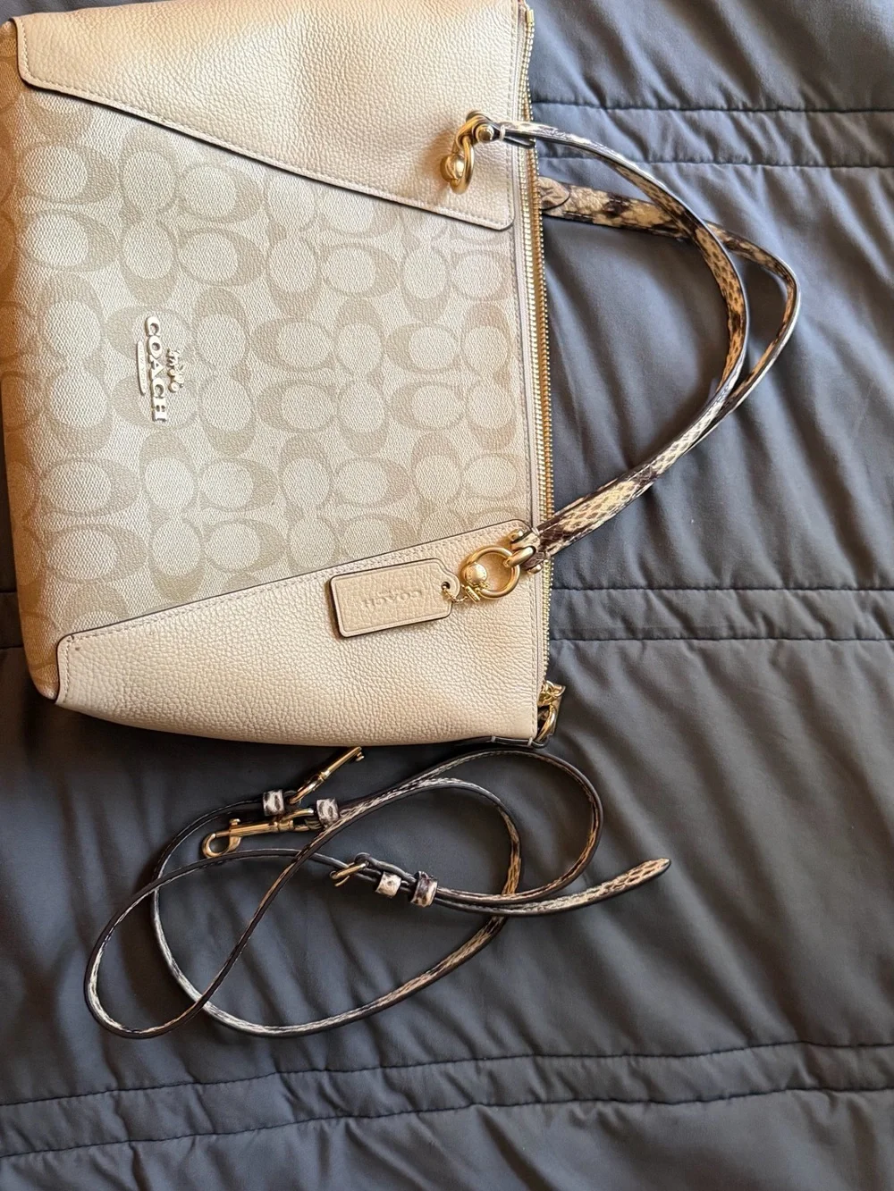 Coach Beige Signature Tote with Snake-Print Handles